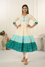 Cream And Blue Cotton Kurtis With Handprint And Light Embroidery