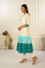 Cream And Blue Cotton Kurtis With Handprint And Light Embroidery - Image 3