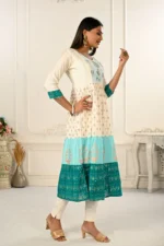 Cream And Blue Cotton Kurtis With Handprint And Light Embroidery - Image 2