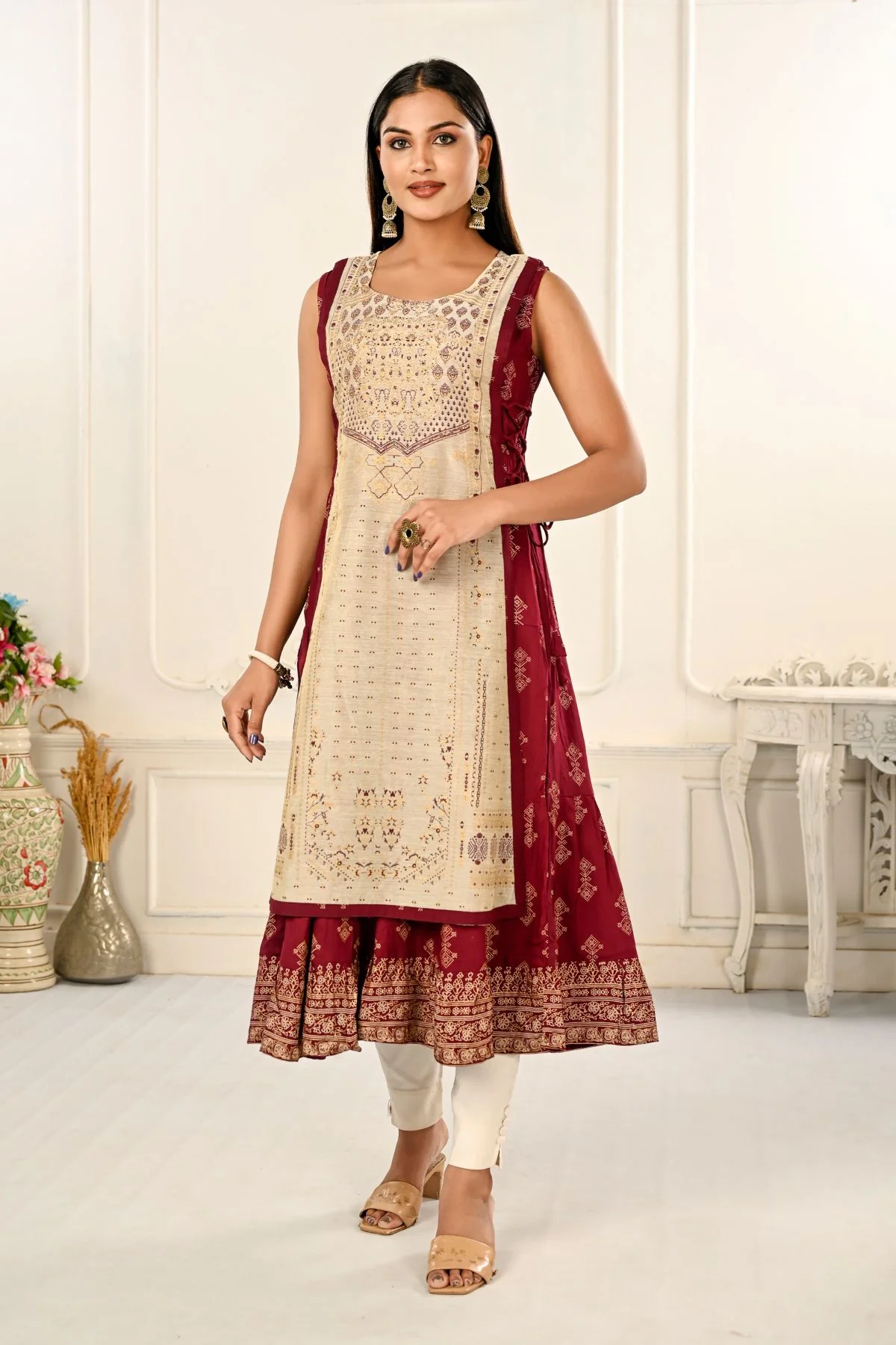 DSC9378.webp 2 Layered Inner Cotton And Outward Jacket Chanderi Kurti For Women - Image 1