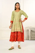 Light Cream Double Layered Cotton With Handfoil Print Kurtis