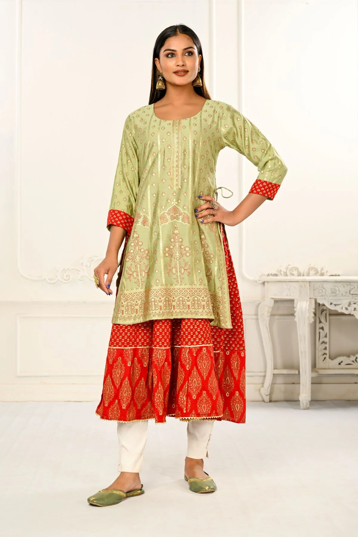 DSC9510copy.webp Light Cream Double Layered Cotton With Handfoil Print Kurtis - Image 1