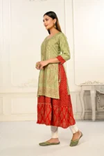Light Cream Double Layered Cotton With Handfoil Print Kurtis - Image 3