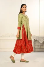 Light Cream Double Layered Cotton With Handfoil Print Kurtis - Image 2