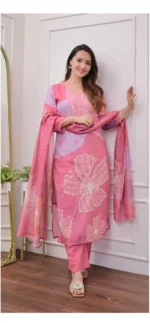 pink Schiffli Handwork Linen Suit - Image 2