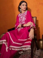 Floral Embroidered Regular Mirror Work A-Line Kurta with Palazzo - Image 4
