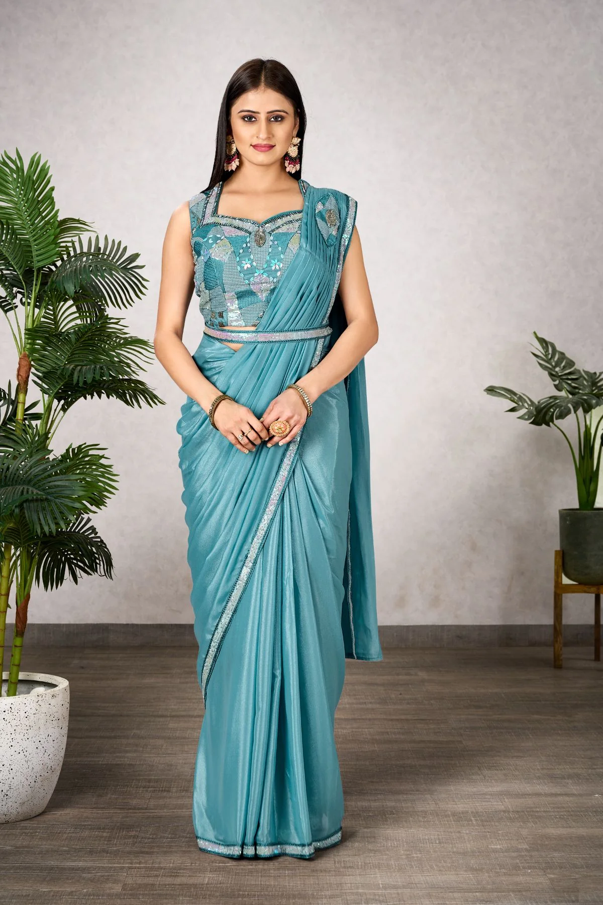 1054.webp Sky-Blue Shimmer Georgette Saree With Beautiful Embroidery - Image 1