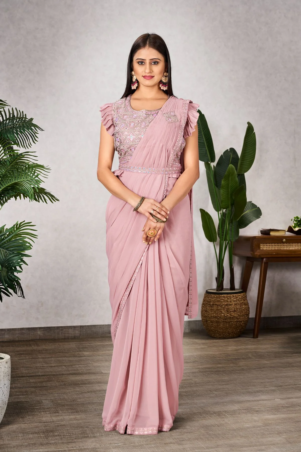 1055.webp Pink Saree And Blouse Set Features Shimmery Georgettes - Image 1