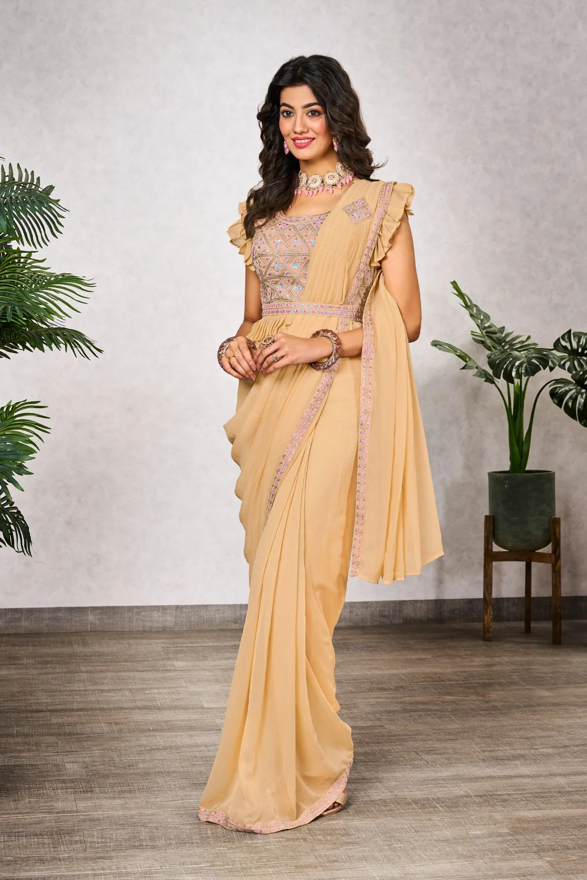 1061.webp Yellow Shimmer Georgette Saree Is An Elegant - Image 1