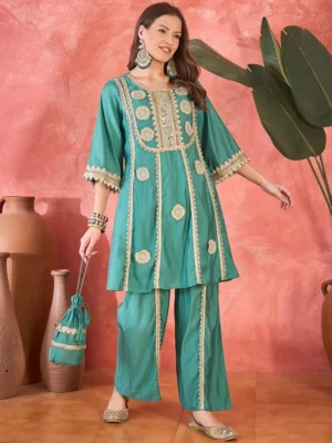 Floral Embroidered & Sequinned A-Line Kurta With Palazzos