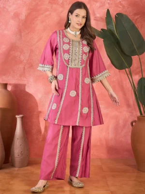 Pink Floral Embroidered & Sequinned A-Line Kurta With Palazzos