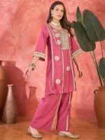 Pink Floral Embroidered & Sequinned A-Line Kurta With Palazzos - Image 2