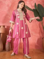 Pink Floral Embroidered & Sequinned A-Line Kurta With Palazzos - Image 3
