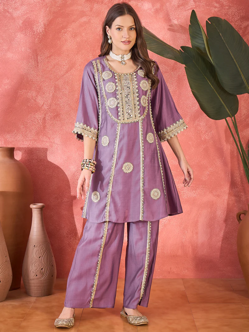 20-03-202501610 Floral Embroidered and Sequinned A-Line Kurta With Palazzos - Image 1