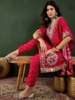 Red Bandhani Printed Regular Mirror Work Kaftan Kurta With Trouser - Image 2