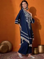 Floral Embroidered Regular Mirror Work A-Line Kurta with Palazzo - Image 5