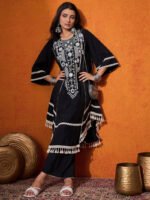 Floral Embroidered Regular Mirror Work A-Line Kurta with Palazzo - Image 2