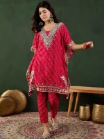 Red Bandhani Printed Regular Mirror Work Kaftan Kurta With Trouser