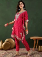 Red Bandhani Printed Regular Mirror Work Kaftan Kurta With Trouser - Image 3