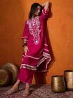Floral Embroidered Regular Mirror Work A-Line Kurta with Palazzo - Image 3