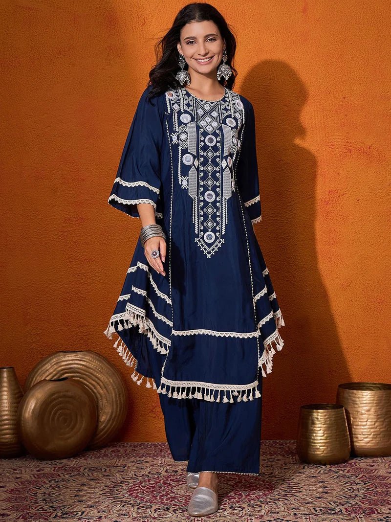 J249vLOq_e4c512def824479cacf59ba75463d3e6 Floral Embroidered Regular Mirror Work A-Line Kurta with Palazzo - Image 1