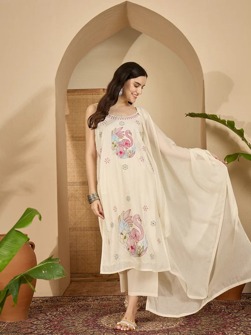 PF-389-OffWhite_4 Pure Cotton Embroidered Shoulder Strap Kurta With Pant & Dupatta Kurta Set - Image 1