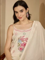 Pure Cotton Embroidered Shoulder Strap Kurta With Pant & Dupatta Kurta Set - Image 2