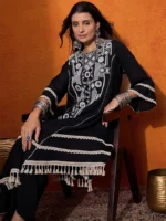 Floral Embroidered Regular Mirror Work A-Line Kurta with Palazzo - Image 3