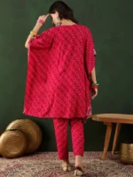 Red Bandhani Printed Regular Mirror Work Kaftan Kurta With Trouser - Image 4