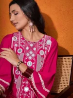 Floral Embroidered Regular Mirror Work A-Line Kurta with Palazzo - Image 2