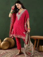 Red Bandhani Printed Regular Mirror Work Kaftan Kurta With Trouser - Image 5